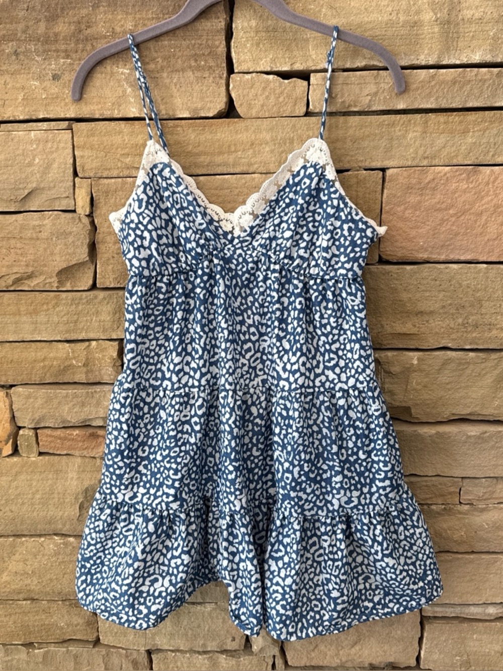 Altar'd State Blue & White Mini Dress with Lace-Trim Neckline, spaghetti Straps